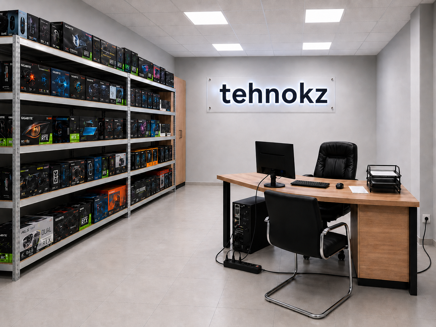 Офис Tehnokz с витриной техники и рабочим столом