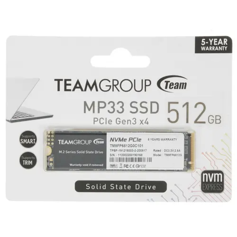 Жесткий диск Team Group MP33 TM8FP6512G0C101 SSD (твердотельные), 512 ГБ, M.2, PCIe — фото товара