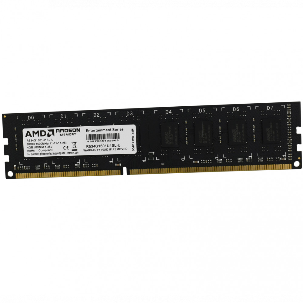 ОЗУ AMD Radeon R5 Entertainment Series Black R534G1601U1SL-U DIMM, DDR3, 4 Гб, 1600 МГц — фото товара