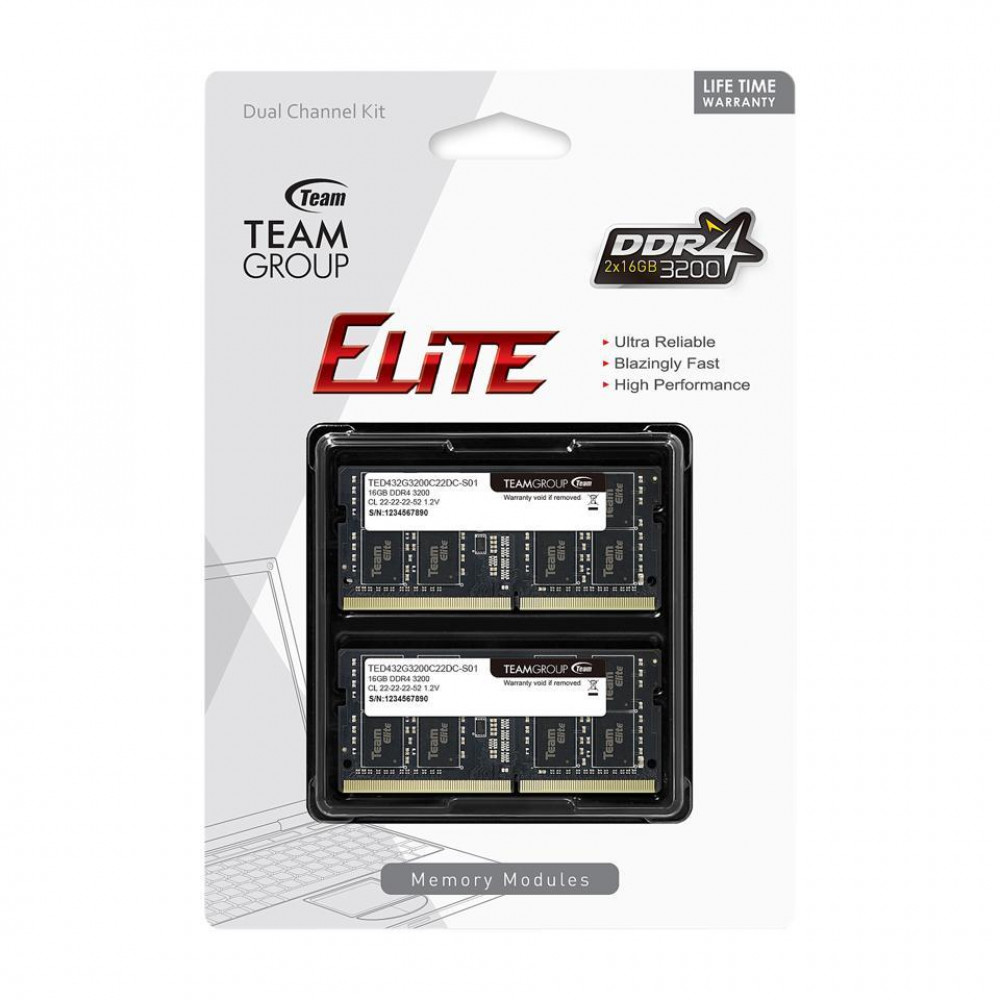 ОЗУ Team Group ELITE TED432G3200C22DC-S01 SO-DIMM, DDR4, 32 Гб (2 х 16 Гб), 3200 МГц - миниатюра 2