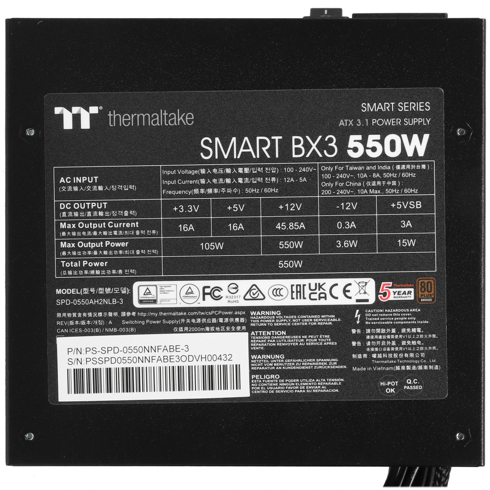 Блок питания Thermaltake Smart BX3 Bronze 550W PS-SPD-0550NNFABE-3 550 Вт, 80+ Bronze - миниатюра 4